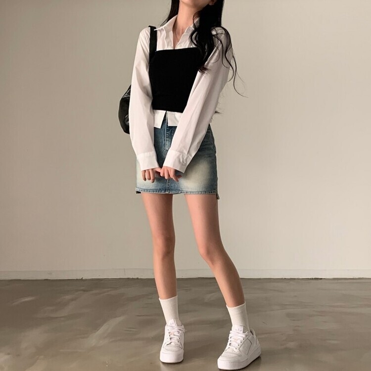 ウォッシングアシンメトリーデニムミニスカート｜ミニスカート