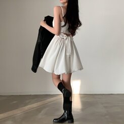 ミニワンピース バックリボンノースリーブバルーンミニワンピース IVORY