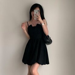 ミニワンピース バックリボンノースリーブバルーンミニワンピース BLACK