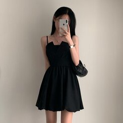 ミニワンピース バックリボンノースリーブバルーンミニワンピース BLACK