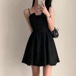 ミニワンピース バックリボンノースリーブバルーンミニワンピース BLACK