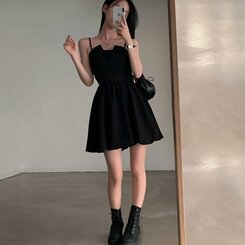 ミニワンピース バックリボンノースリーブバルーンミニワンピース BLACK