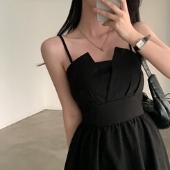 ミニワンピース バックリボンノースリーブバルーンミニワンピース BLACK