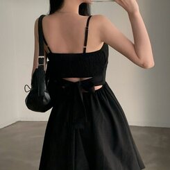 ミニワンピース バックリボンノースリーブバルーンミニワンピース BLACK