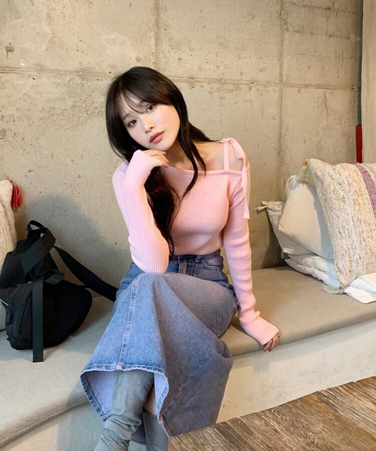 アンバランスオフショルダーリブニット｜ニット｜韓国