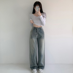 デニム バンディングビンテージウォッシングワイドデニムパンツ LIGHT DENIM