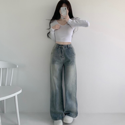 デニム バンディングビンテージウォッシングワイドデニムパンツ LIGHT DENIM