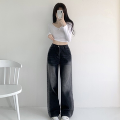 デニム バンディングビンテージウォッシングワイドデニムパンツ BLACK