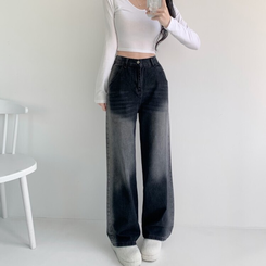 デニム バンディングビンテージウォッシングワイドデニムパンツ BLACK