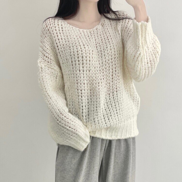 몽글몽글 알파카 울 베이직 루즈핏 니트 아이보리