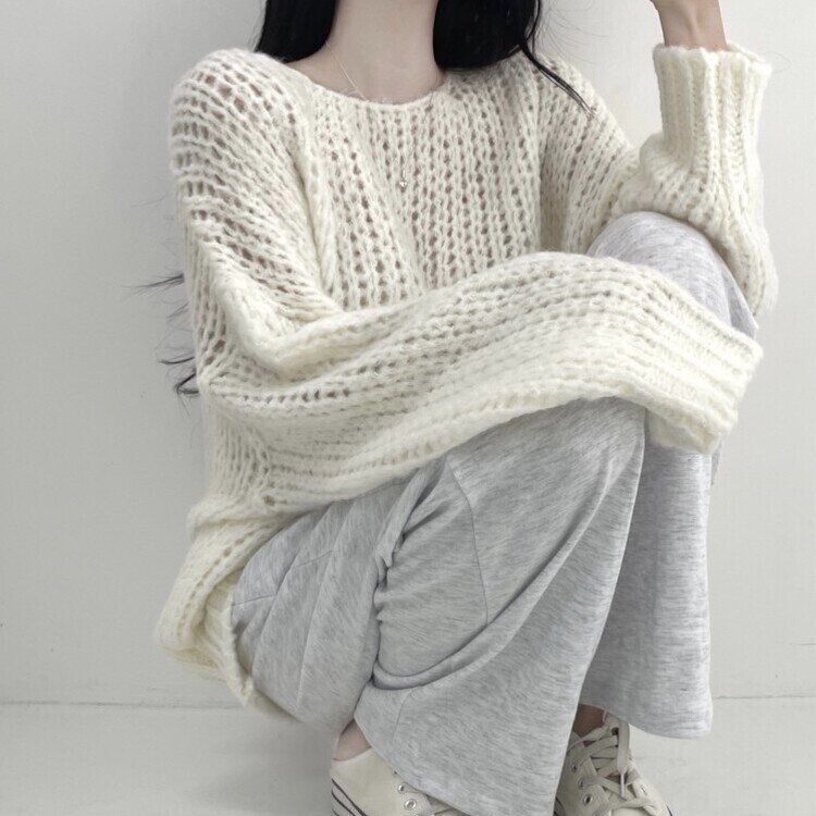 몽글몽글 알파카 울 베이직 루즈핏 니트 아이보리