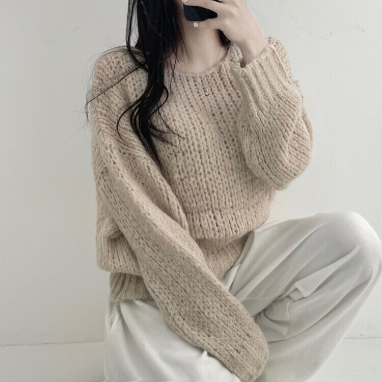 몽글몽글 알파카 울 베이직 루즈핏 니트 베이지