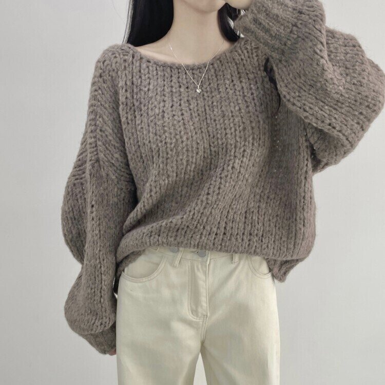 몽글몽글 알파카 울 베이직 루즈핏 니트 밤색