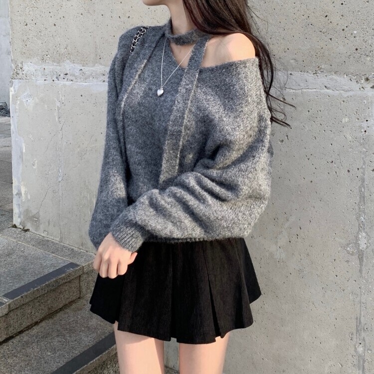 머플러set 베라 브이넥 울 초커 오프숄더 니트 머플러 세트 그레이