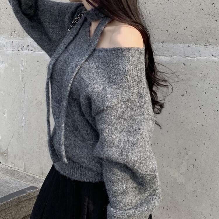 머플러set 베라 브이넥 울 초커 오프숄더 니트 머플러 세트 그레이