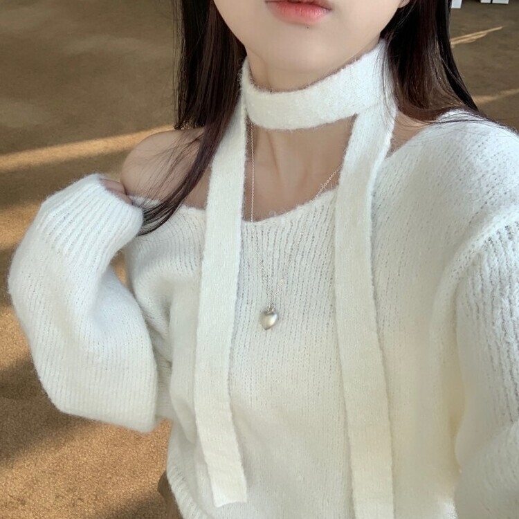 머플러set 베라 브이넥 울 초커 오프숄더 니트 머플러 세트 아이보리