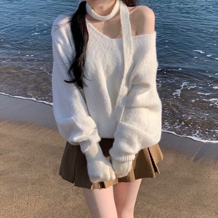 머플러set 베라 브이넥 울 초커 오프숄더 니트 머플러 세트 아이보리