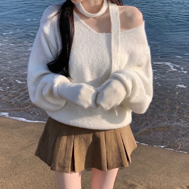 머플러set 베라 브이넥 울 초커 오프숄더 니트 머플러 세트 아이보리