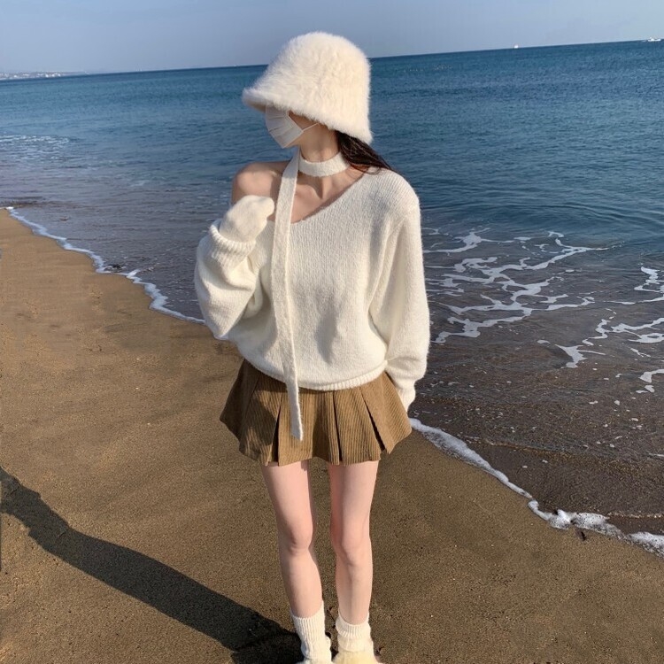 머플러set 베라 브이넥 울 초커 오프숄더 니트 머플러 세트 아이보리