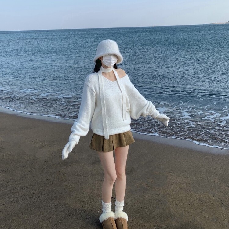 머플러set 베라 브이넥 울 초커 오프숄더 니트 머플러 세트 아이보리