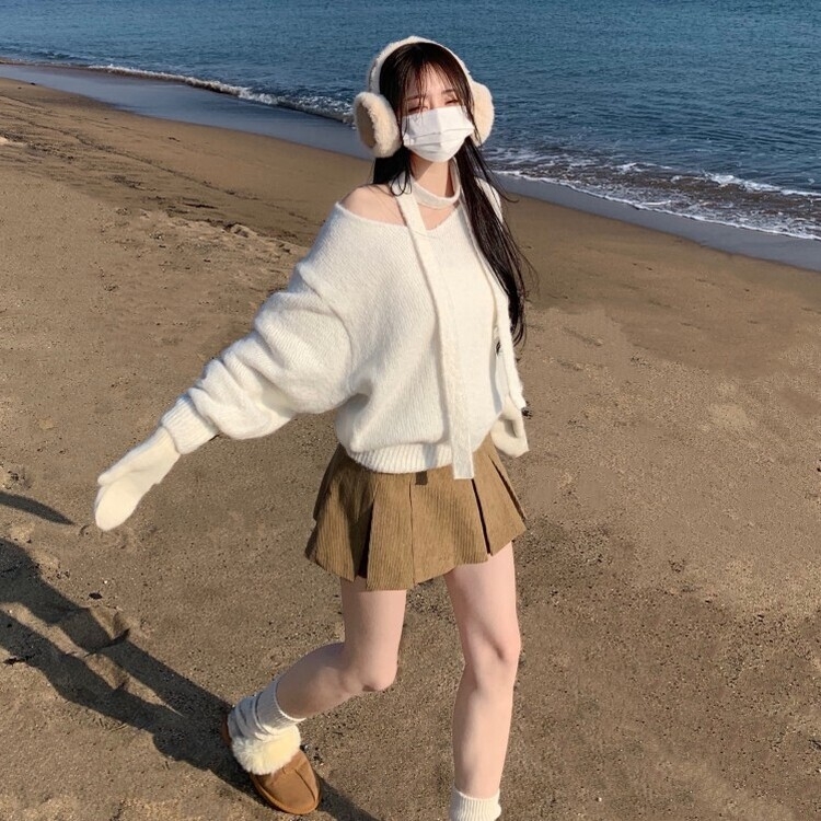 머플러set 베라 브이넥 울 초커 오프숄더 니트 머플러 세트 아이보리