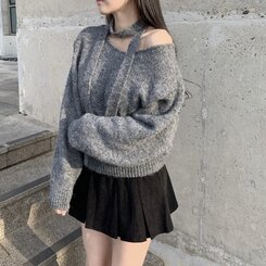 머플러set 베라 브이넥 울 초커 오프숄더 니트 머플러 세트 그레이