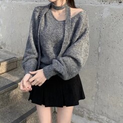 머플러set 베라 브이넥 울 초커 오프숄더 니트 머플러 세트 그레이