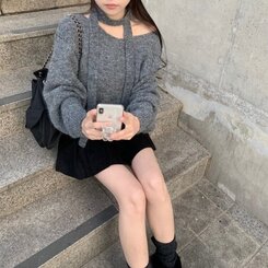 머플러set 베라 브이넥 울 초커 오프숄더 니트 머플러 세트 그레이