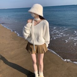 머플러set 베라 브이넥 울 초커 오프숄더 니트 머플러 세트 아이보리