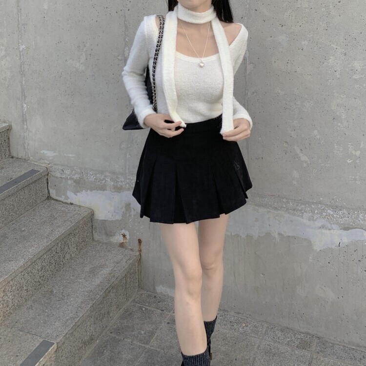 초콜릿 골덴 코듀로이 플리츠 A라인 미니 스커트 팬츠 3color 블랙