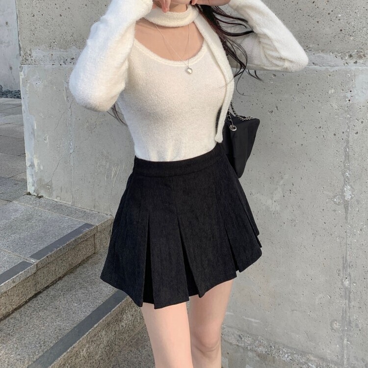 초콜릿 골덴 코듀로이 플리츠 A라인 미니 스커트 팬츠 3color 블랙