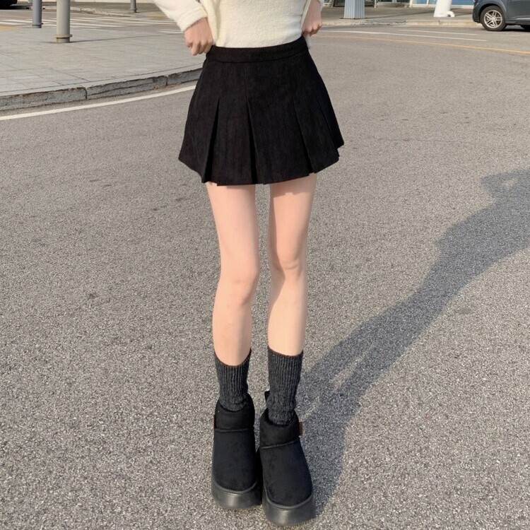 초콜릿 골덴 코듀로이 플리츠 A라인 미니 스커트 팬츠 3color 블랙