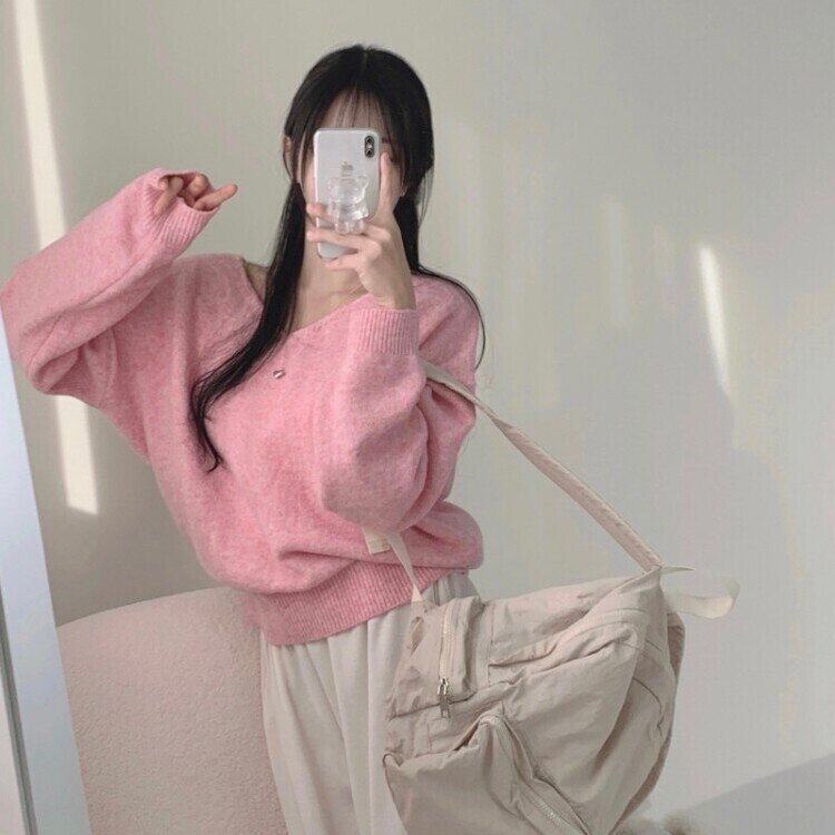 프렌디 캐시 브이넥 루즈핏 긴팔 니트 6color 핑크