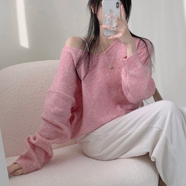 프렌디 캐시 브이넥 루즈핏 긴팔 니트 6color 핑크