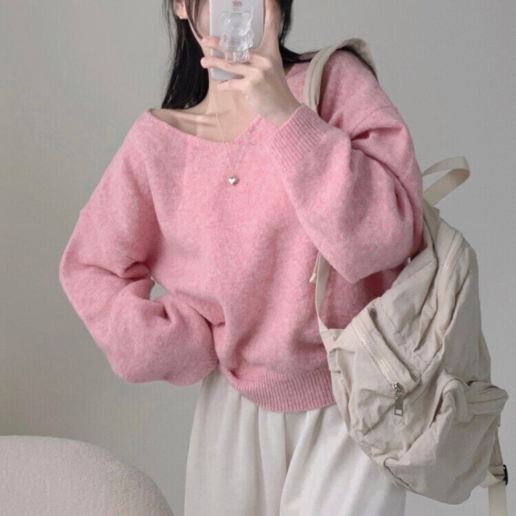 프렌디 캐시 브이넥 루즈핏 긴팔 니트 6color 핑크