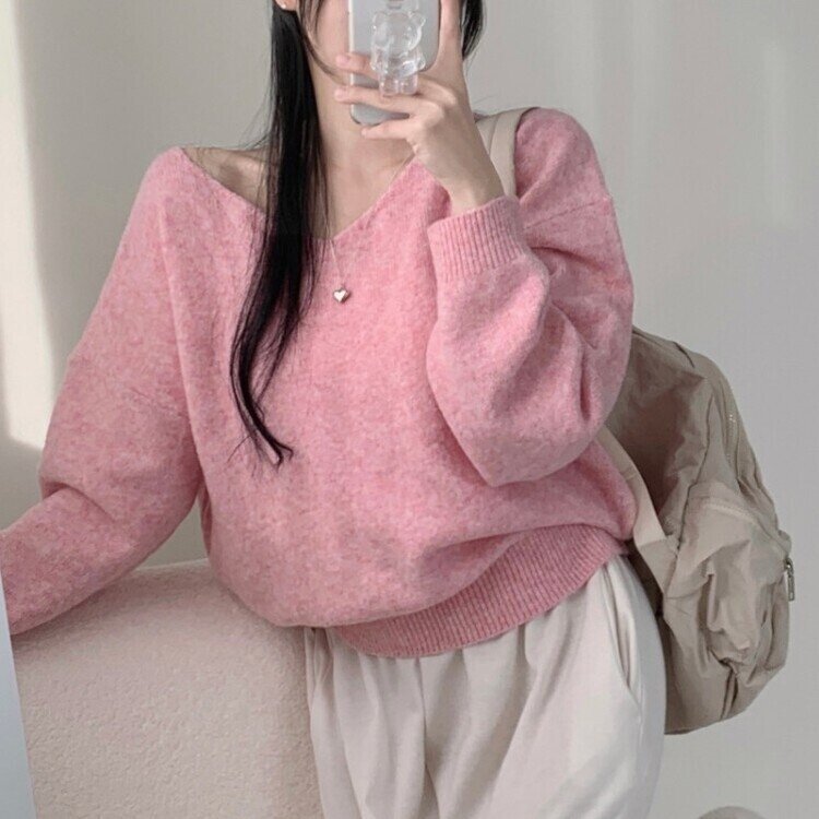 프렌디 캐시 브이넥 루즈핏 긴팔 니트 6color 핑크