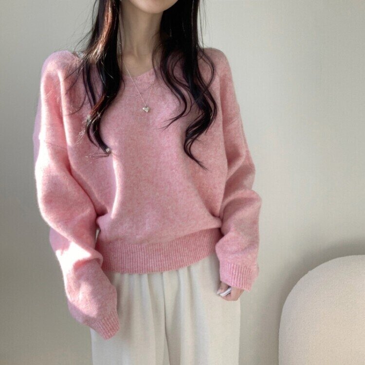 프렌디 캐시 브이넥 루즈핏 긴팔 니트 6color 핑크