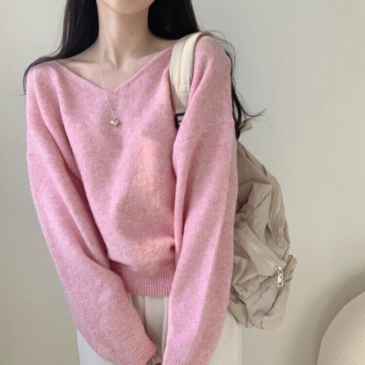 프렌디 캐시 브이넥 루즈핏 긴팔 니트 6color 핑크