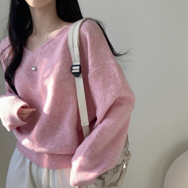 프렌디 캐시 브이넥 루즈핏 긴팔 니트 6color 핑크