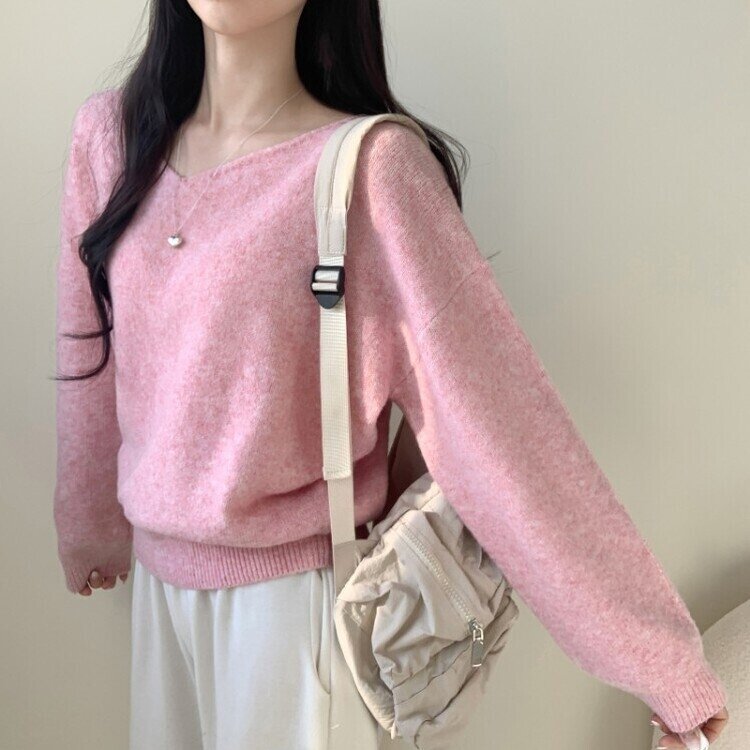 프렌디 캐시 브이넥 루즈핏 긴팔 니트 6color 핑크