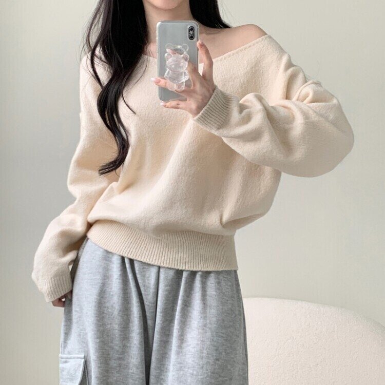 프렌디 캐시 브이넥 루즈핏 긴팔 니트 6color 아이보리