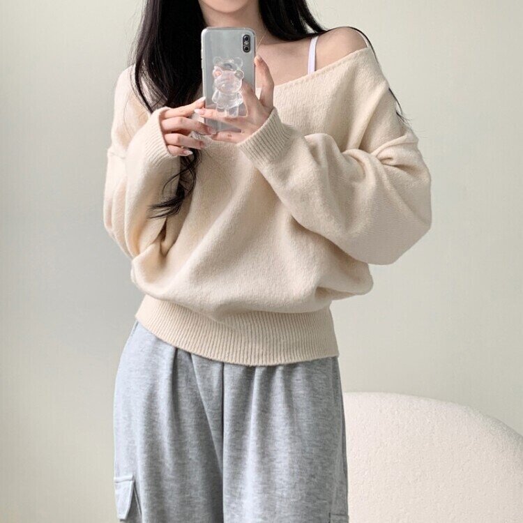 프렌디 캐시 브이넥 루즈핏 긴팔 니트 6color 아이보리