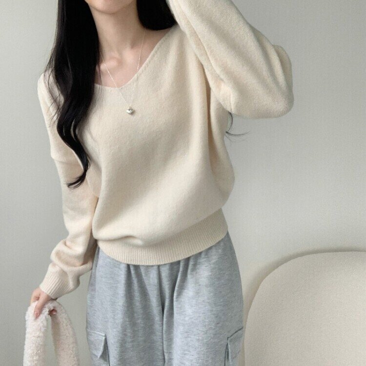 프렌디 캐시 브이넥 루즈핏 긴팔 니트 6color 아이보리