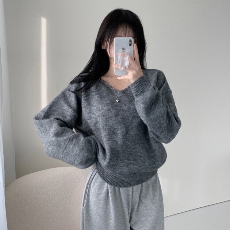 프렌디 캐시 브이넥 루즈핏 긴팔 니트 6color 그레이