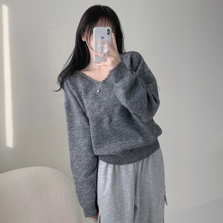 프렌디 캐시 브이넥 루즈핏 긴팔 니트 6color 그레이