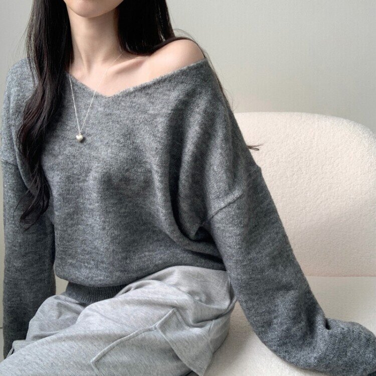 프렌디 캐시 브이넥 루즈핏 긴팔 니트 6color 그레이