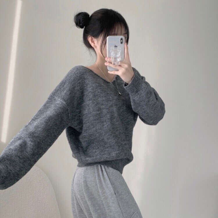 프렌디 캐시 브이넥 루즈핏 긴팔 니트 6color 그레이