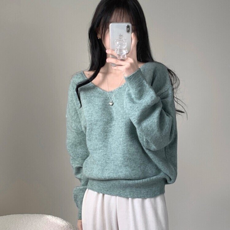 프렌디 캐시 브이넥 루즈핏 긴팔 니트 6color 민트