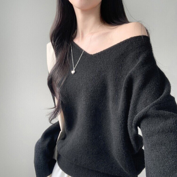 프렌디 캐시 브이넥 루즈핏 긴팔 니트 6color 블랙