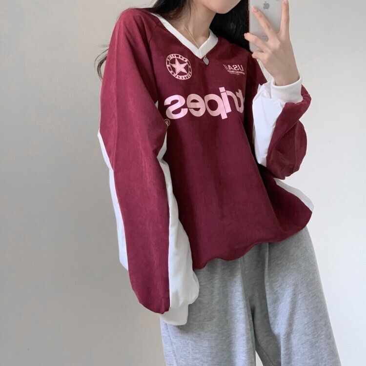 Y2K 長袖 Tシャツ スポーティ Vネック ルーズフィット 可愛い STS42495 Y2K風Vネックスポーツトレーナー スウェット - jasminbell